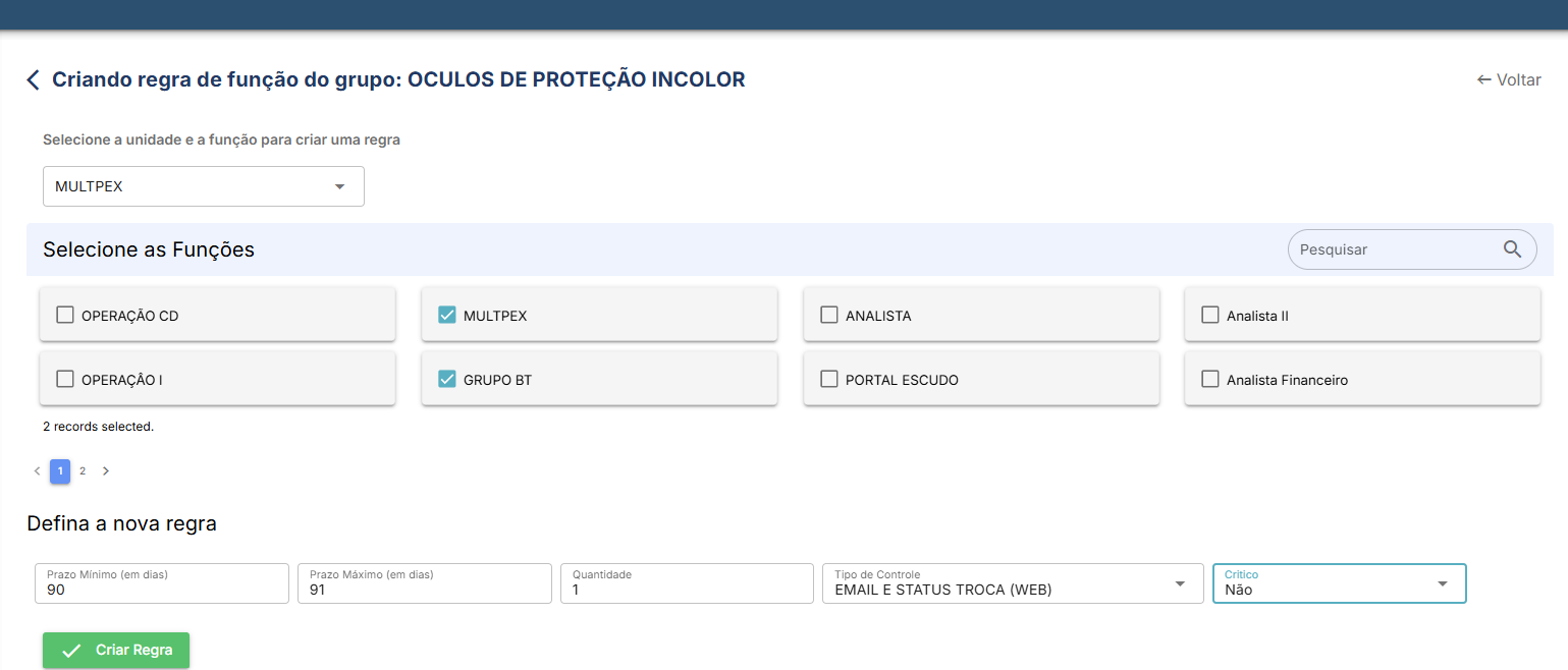 Tela de regras do sistema