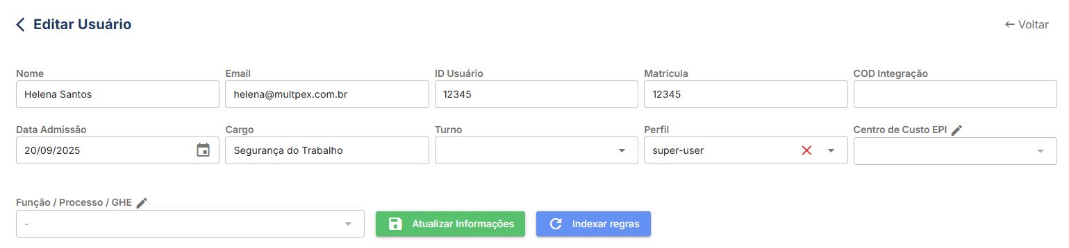 Tela de criação de usuário no software Multpex